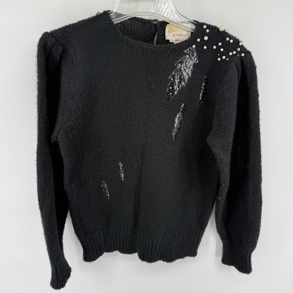 Vintage 80s‎ Distressed Mohair Sweater Black Leather Pearl Grunge Womens Small
